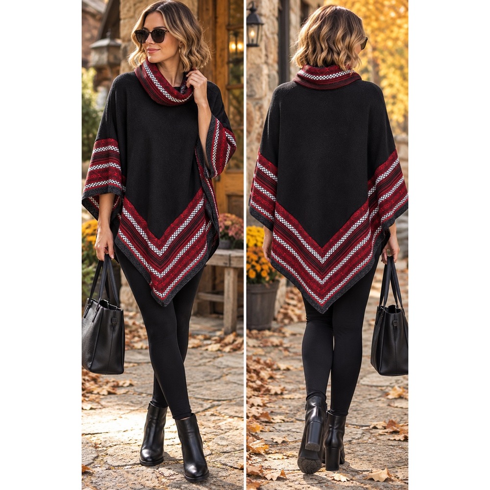 Le Moda Poncho One Size Black Red Geometric Fleece Cowl Neck Cape Boho